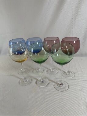 Lenox Gems Balloon Wine Glasses.  Blue, Green, Amethyst &  Amber. Set  of  7.